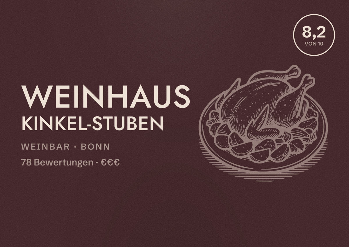 Illustriertes Poster von Weinhaus Kinkel-Stuben, Weinbar in Bonn: Bewertung 8,2 von 10 aus 78 Bewertungen, Preisniveau €€€
