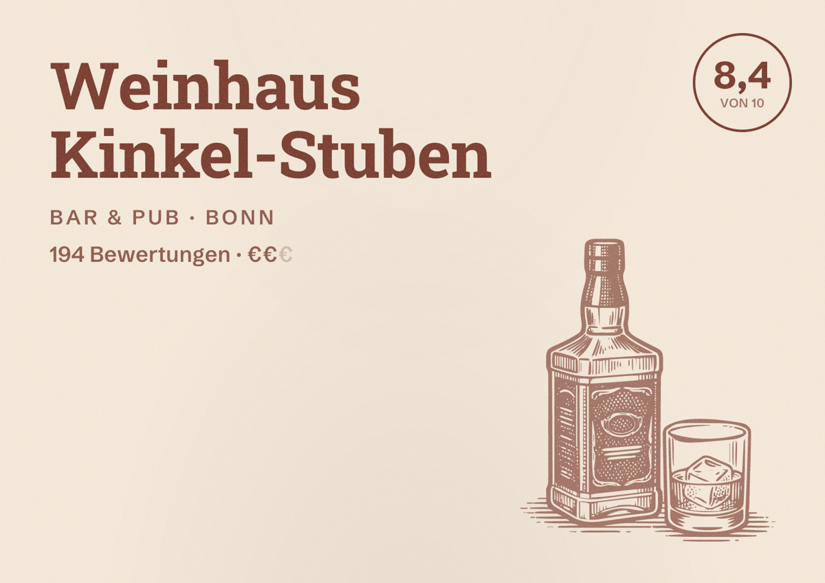 Illustriertes Poster von Weinhaus Kinkel-Stuben, Bar & Pub in Bonn: Bewertung 8,4 von 10 aus 194 Bewertungen, Preisniveau €€