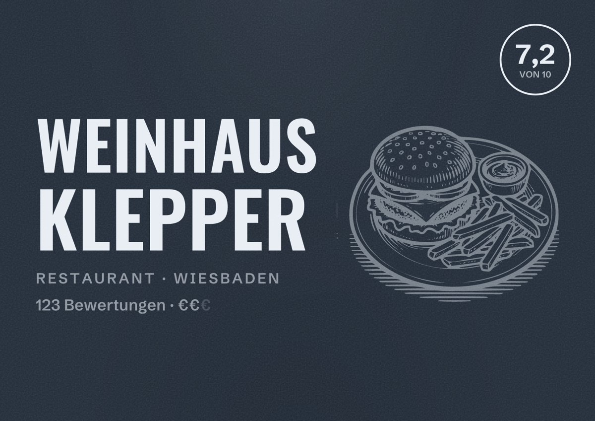 Illustriertes Poster von Weinhaus Klepper, Restaurant in Wiesbaden: Bewertung 7,2 von 10 aus 123 Bewertungen, Preisniveau €€