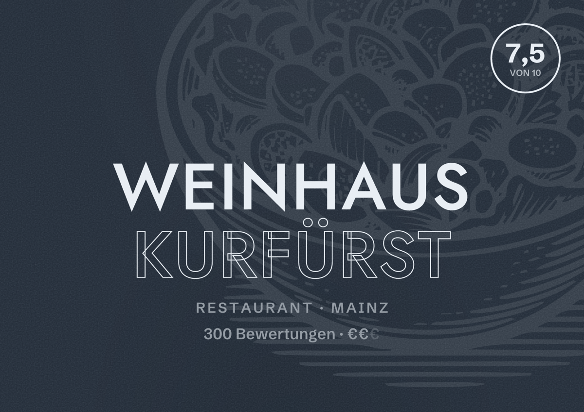 Illustriertes Poster von Weinhaus Kurfürst, Restaurant in Mainz: Bewertung 7,5 von 10 aus 300 Bewertungen, Preisniveau €€