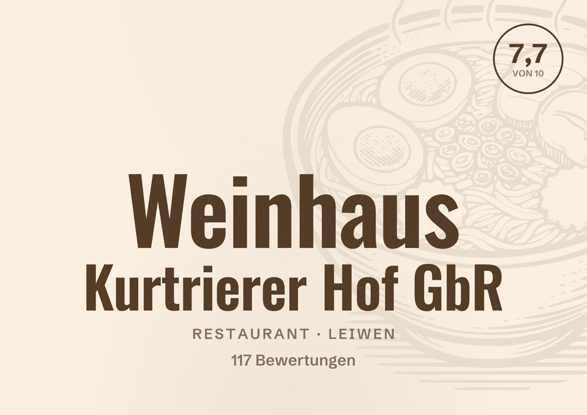 Illustriertes Poster von Weinhaus Kurtrierer Hof GbR, Restaurant in Leiwen: Bewertung 7,7 von 10 aus 117 Bewertungen