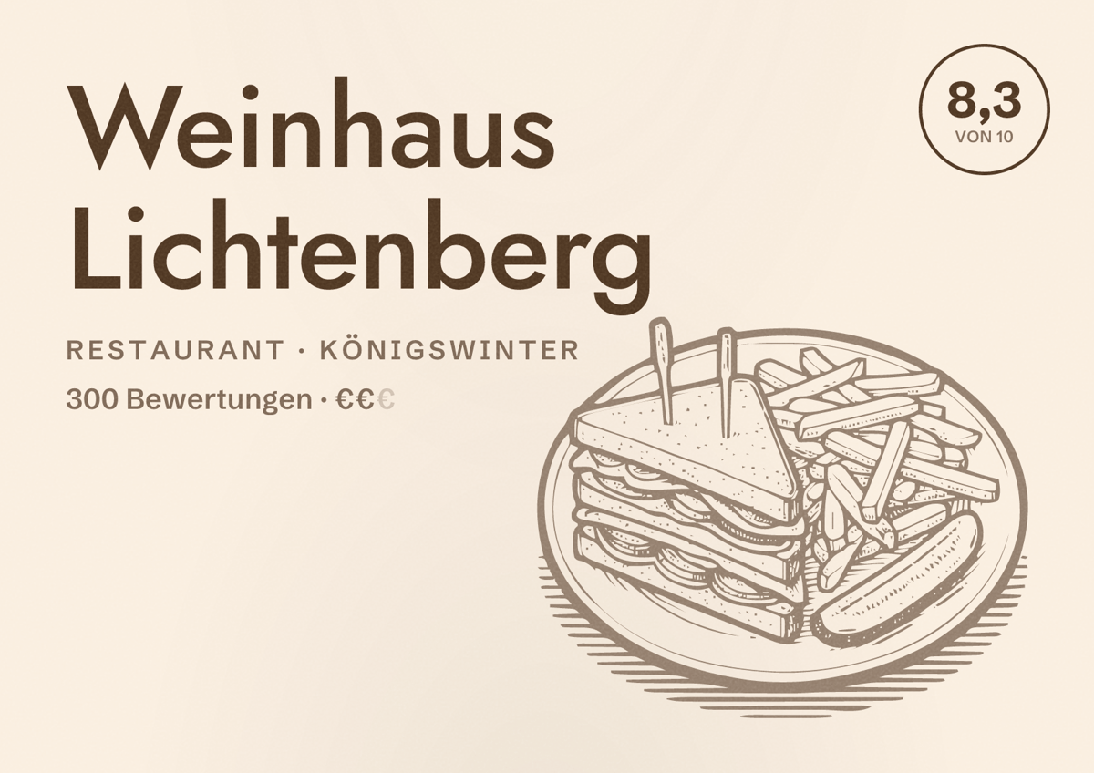 Illustriertes Poster von Weinhaus Lichtenberg, Restaurant in Königswinter: Bewertung 8,3 von 10 aus 300 Bewertungen, Preisniveau €€