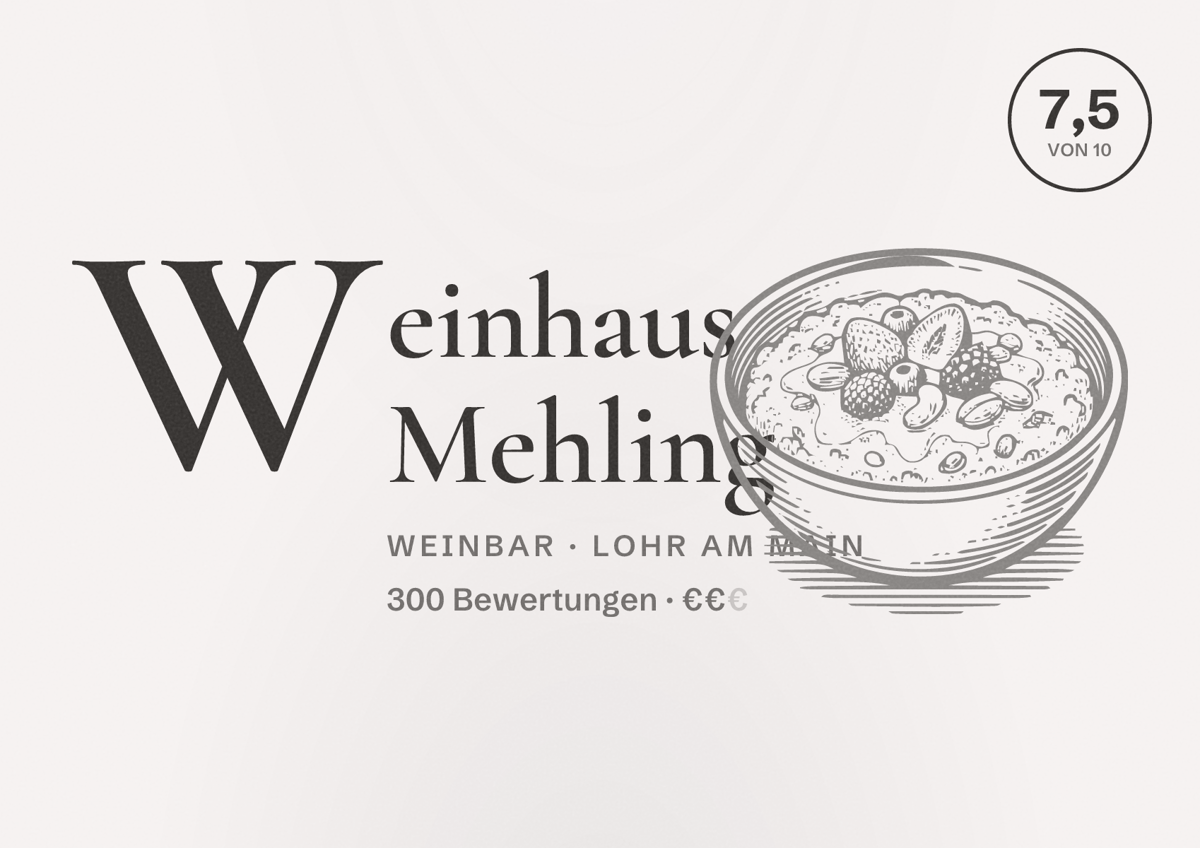 Illustriertes Poster von Weinhaus Mehling, Weinbar in Lohr am Main: Bewertung 7,5 von 10 aus 300 Bewertungen, Preisniveau €€