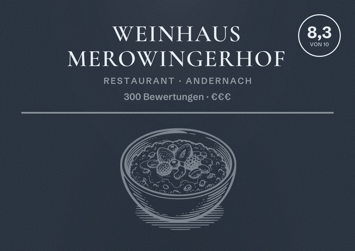 Illustriertes Poster von Weinhaus Merowingerhof, Restaurant in Andernach: Bewertung 8,3 von 10 aus 300 Bewertungen, Preisniveau €€€