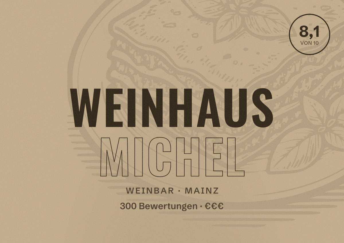 Illustriertes Poster von Weinhaus Michel, Weinbar in Mainz: Bewertung 8,1 von 10 aus 300 Bewertungen, Preisniveau €€€