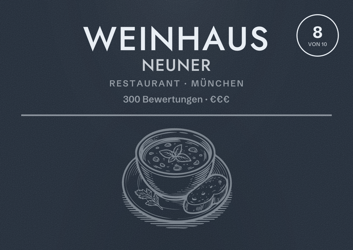 Illustriertes Poster von Weinhaus Neuner, Restaurant in München: Bewertung 8 von 10 aus 300 Bewertungen, Preisniveau €€€