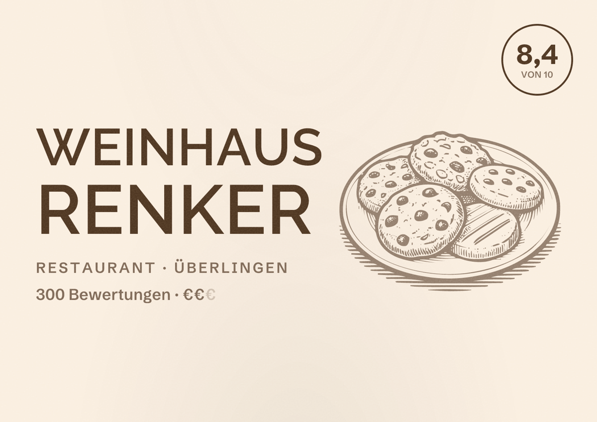 Illustriertes Poster von Weinhaus Renker, Restaurant in Überlingen: Bewertung 8,4 von 10 aus 300 Bewertungen, Preisniveau €€