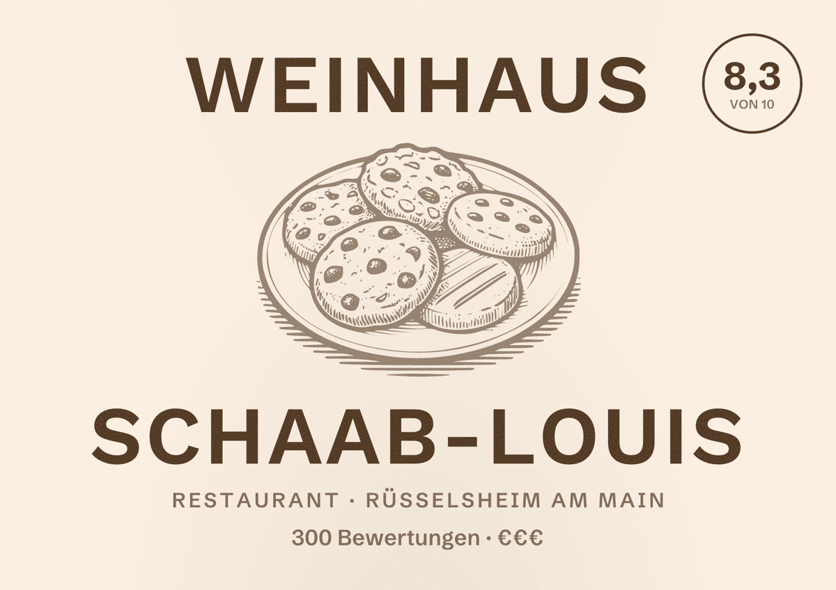 Illustriertes Poster von Weinhaus Schaab-Louis, Restaurant in Rüsselsheim am Main: Bewertung 8,3 von 10 aus 300 Bewertungen, Preisniveau €€€