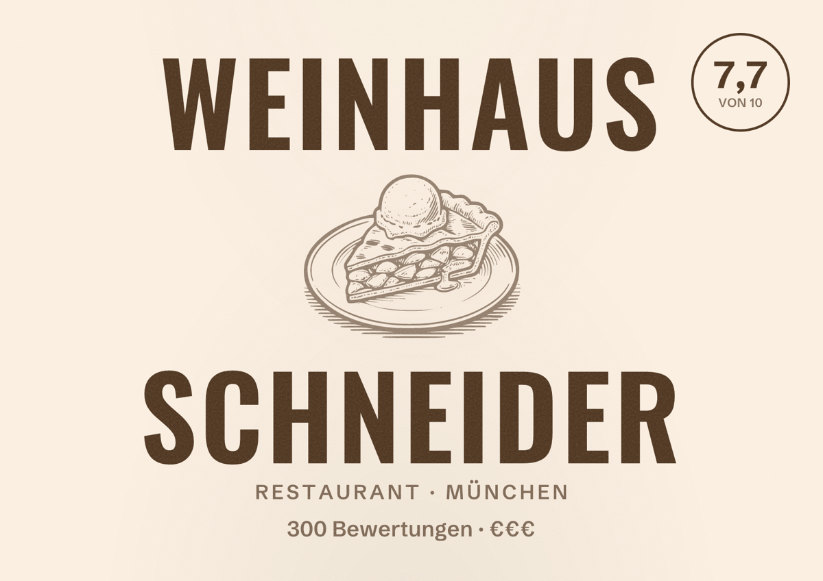 Illustriertes Poster von Weinhaus Schneider, Restaurant in München: Bewertung 7,7 von 10 aus 300 Bewertungen, Preisniveau €€€