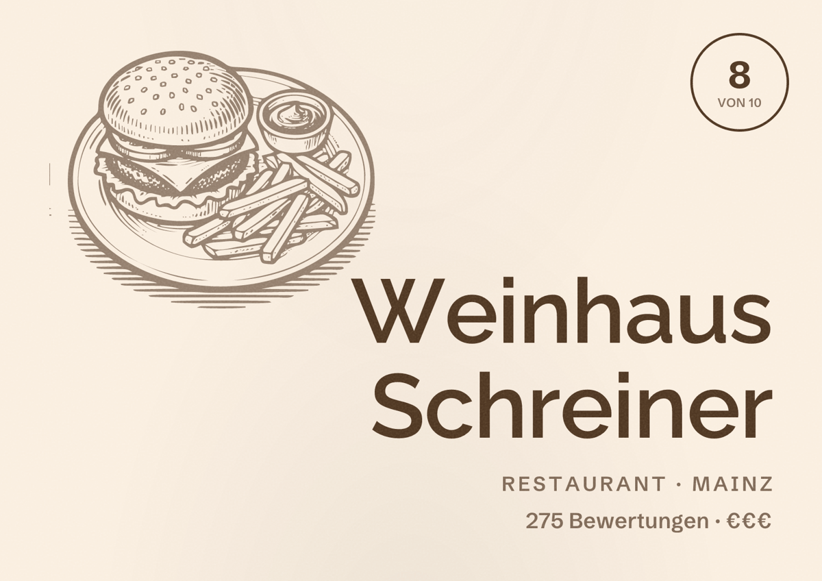 Illustriertes Poster von Weinhaus Schreiner, Restaurant in Mainz: Bewertung 8 von 10 aus 275 Bewertungen, Preisniveau €€€