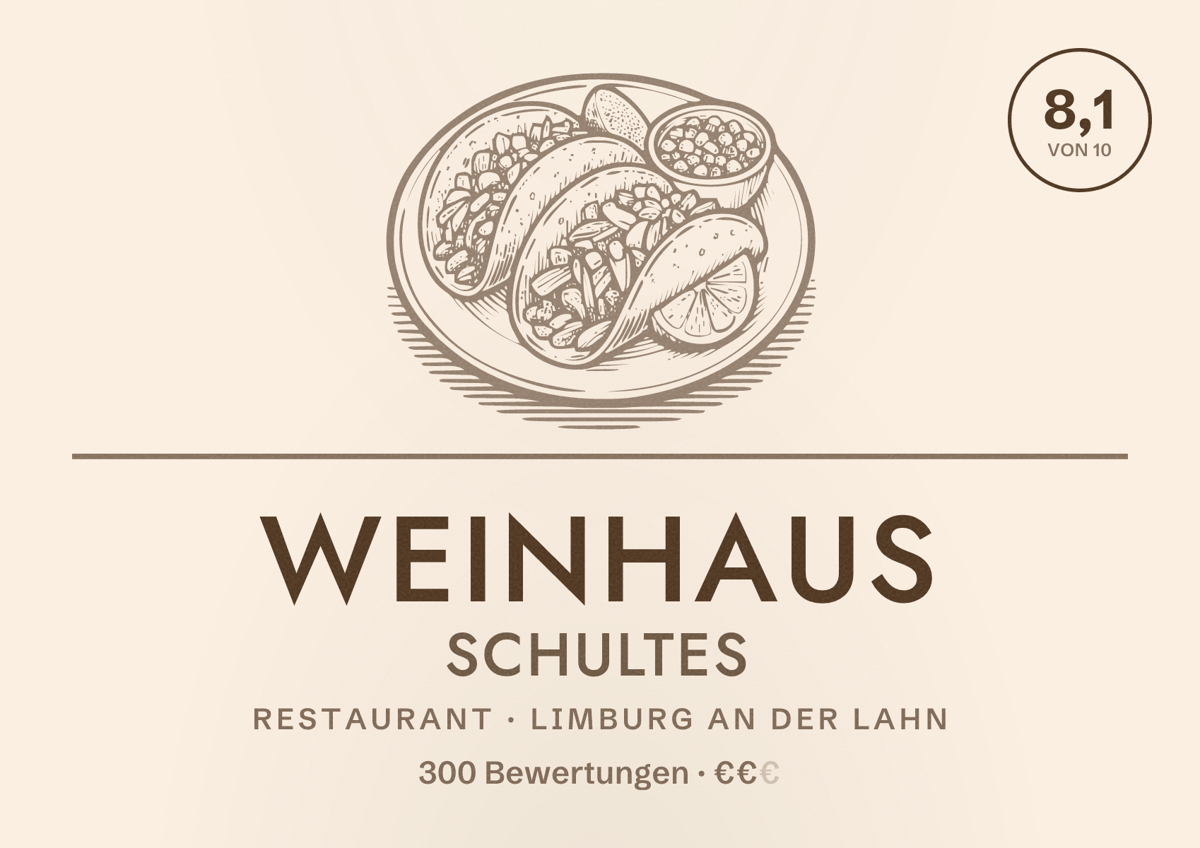 Illustriertes Poster von Weinhaus Schultes, Restaurant in Limburg an der Lahn: Bewertung 8,1 von 10 aus 300 Bewertungen, Preisniveau €€