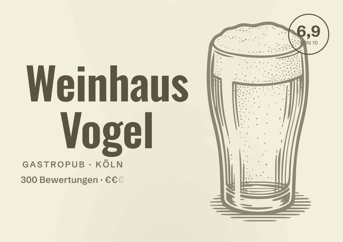 Illustriertes Poster von Weinhaus Vogel, Gastropub in Köln: Bewertung 6,9 von 10 aus 300 Bewertungen, Preisniveau €€