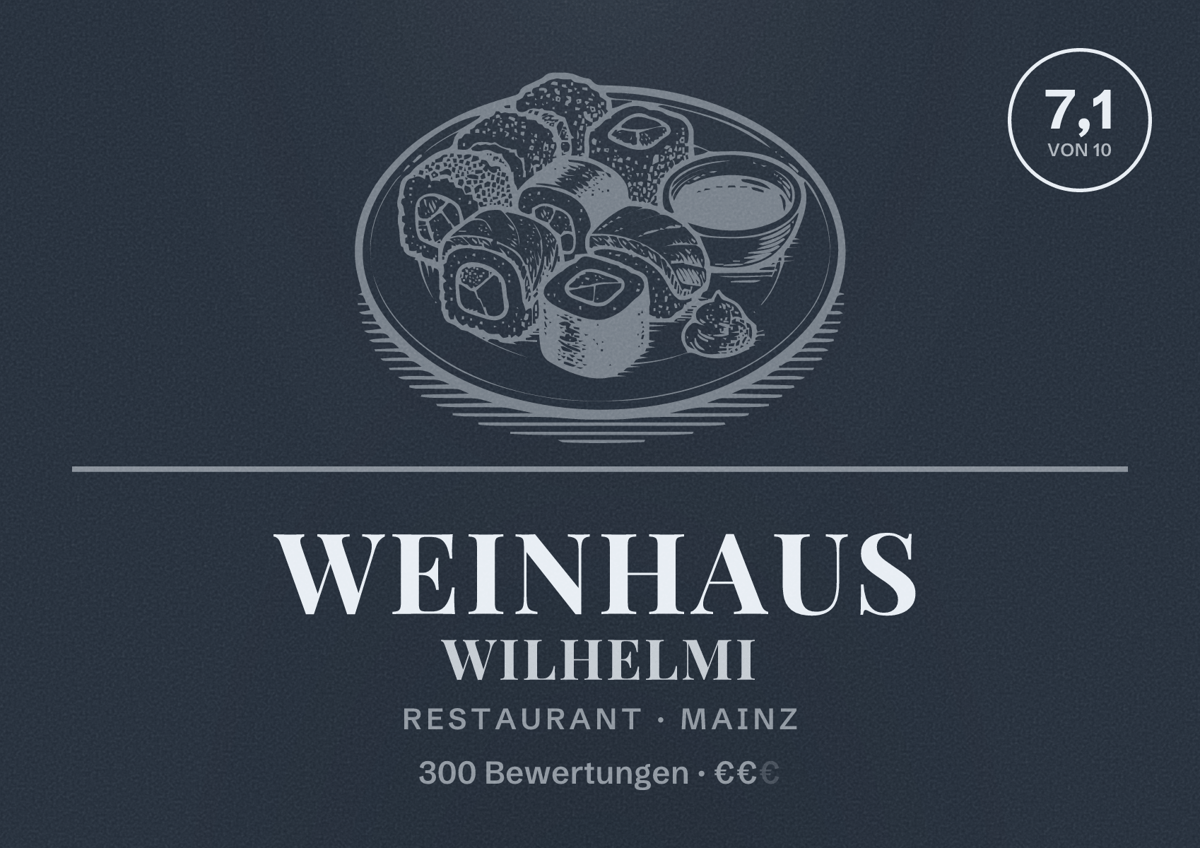 Illustriertes Poster von Weinhaus Wilhelmi, Restaurant in Mainz: Bewertung 7,1 von 10 aus 300 Bewertungen, Preisniveau €€