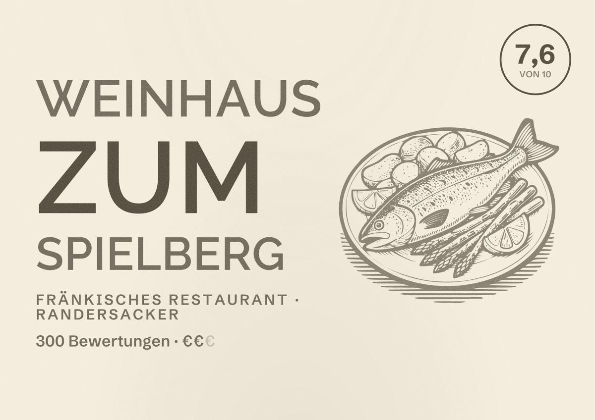 Illustriertes Poster von Weinhaus zum Spielberg, Fränkisches Restaurant in Randersacker: Bewertung 7,6 von 10 aus 300 Bewertungen, Preisniveau €€