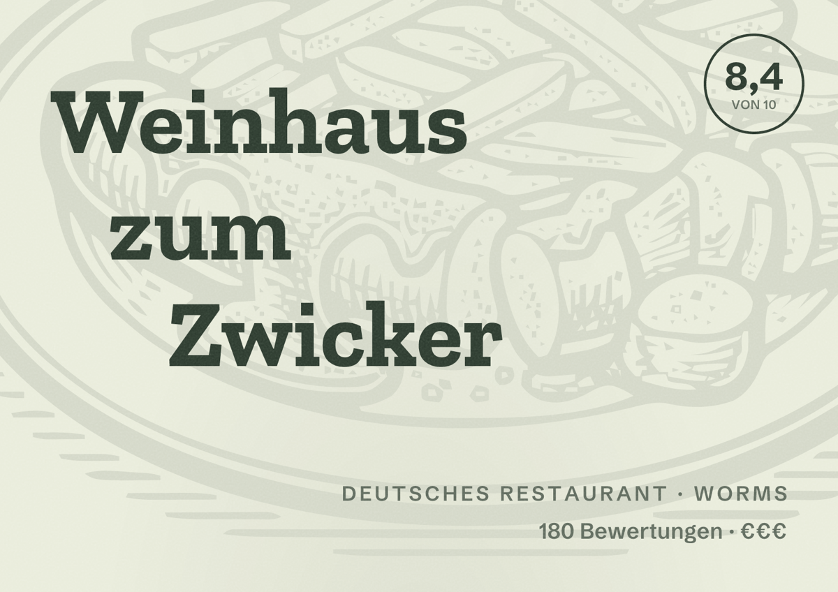 Illustriertes Poster von Weinhaus zum Zwicker, Deutsches Restaurant in Worms: Bewertung 8,4 von 10 aus 180 Bewertungen, Preisniveau €€€