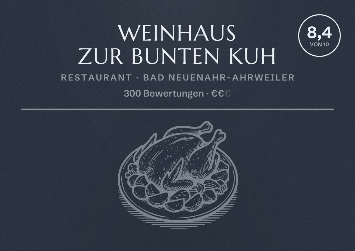 Illustriertes Poster von Weinhaus zur Bunten Kuh, Restaurant in Bad Neuenahr-Ahrweiler: Bewertung 8,4 von 10 aus 300 Bewertungen, Preisniveau €€