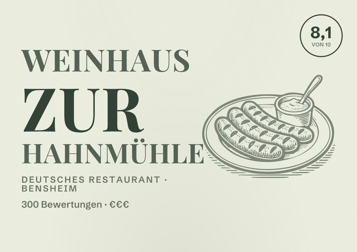 Illustriertes Poster von Weinhaus zur Hahnmühle, Deutsches Restaurant in Bensheim: Bewertung 8,1 von 10 aus 300 Bewertungen, Preisniveau €€€
