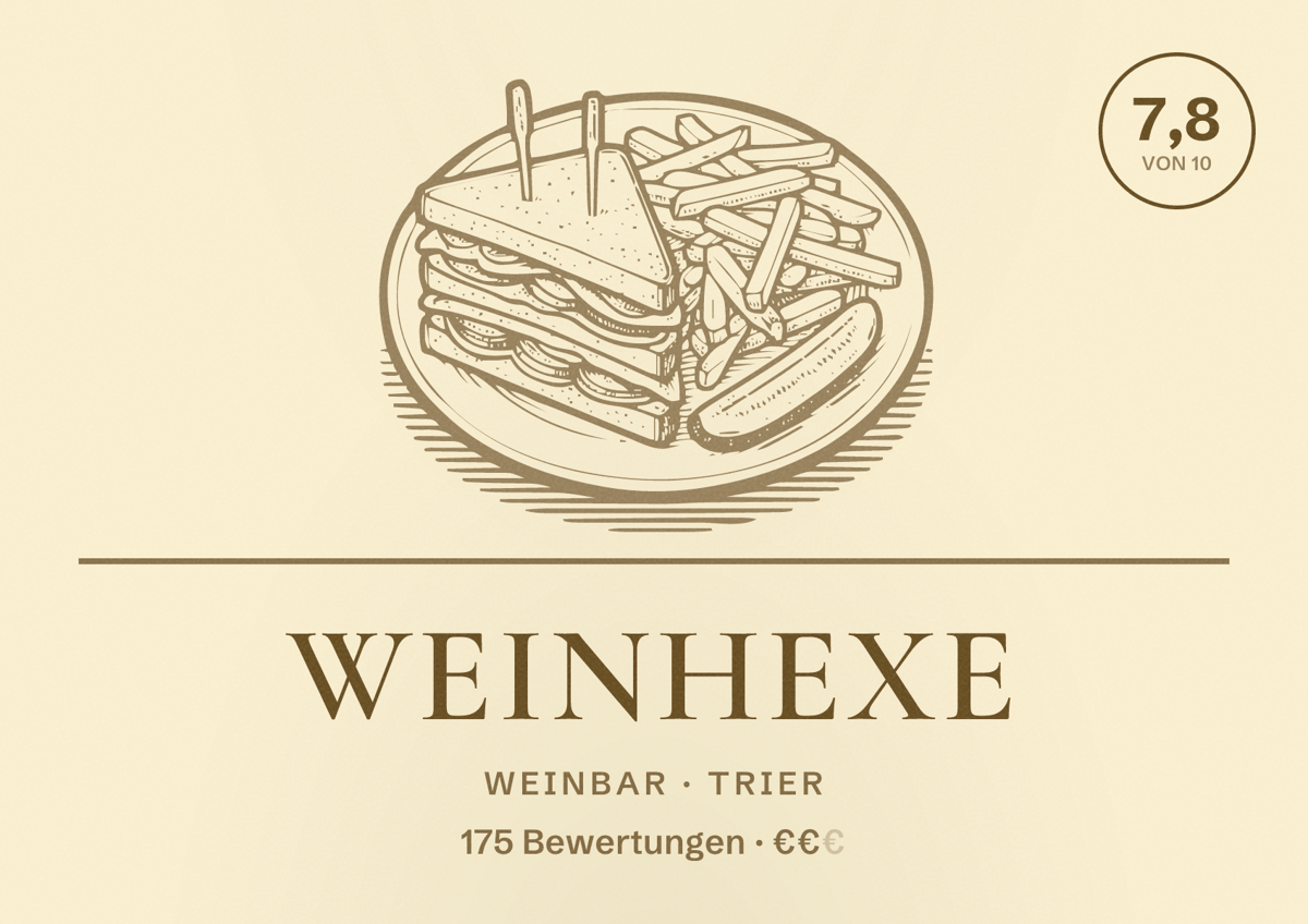 Illustriertes Poster von Weinhexe, Weinbar in Trier: Bewertung 7,8 von 10 aus 175 Bewertungen, Preisniveau €€