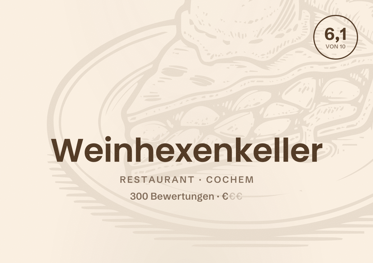 Illustriertes Poster von Weinhexenkeller, Restaurant in Cochem: Bewertung 6,1 von 10 aus 300 Bewertungen, Preisniveau €