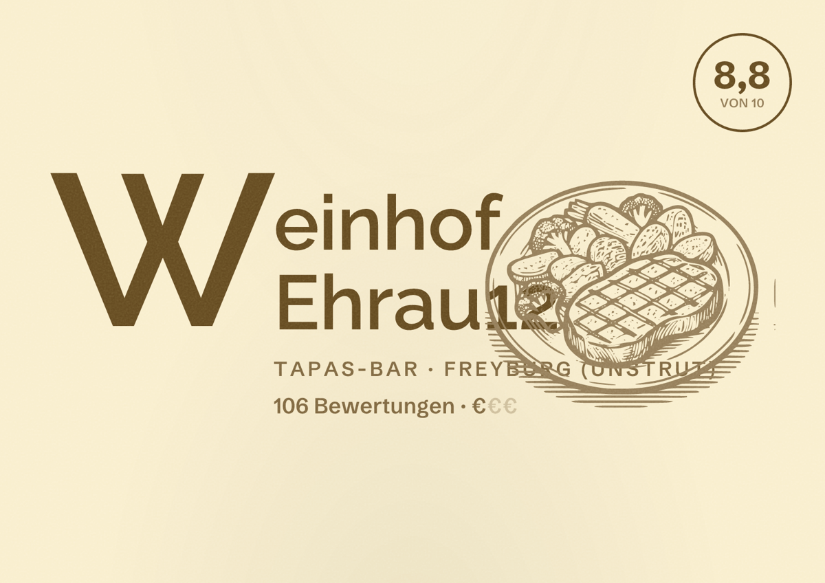 Illustriertes Poster von Weinhof Ehrau12, Tapas-Bar in Freyburg (Unstrut): Bewertung 8,8 von 10 aus 106 Bewertungen, Preisniveau €
