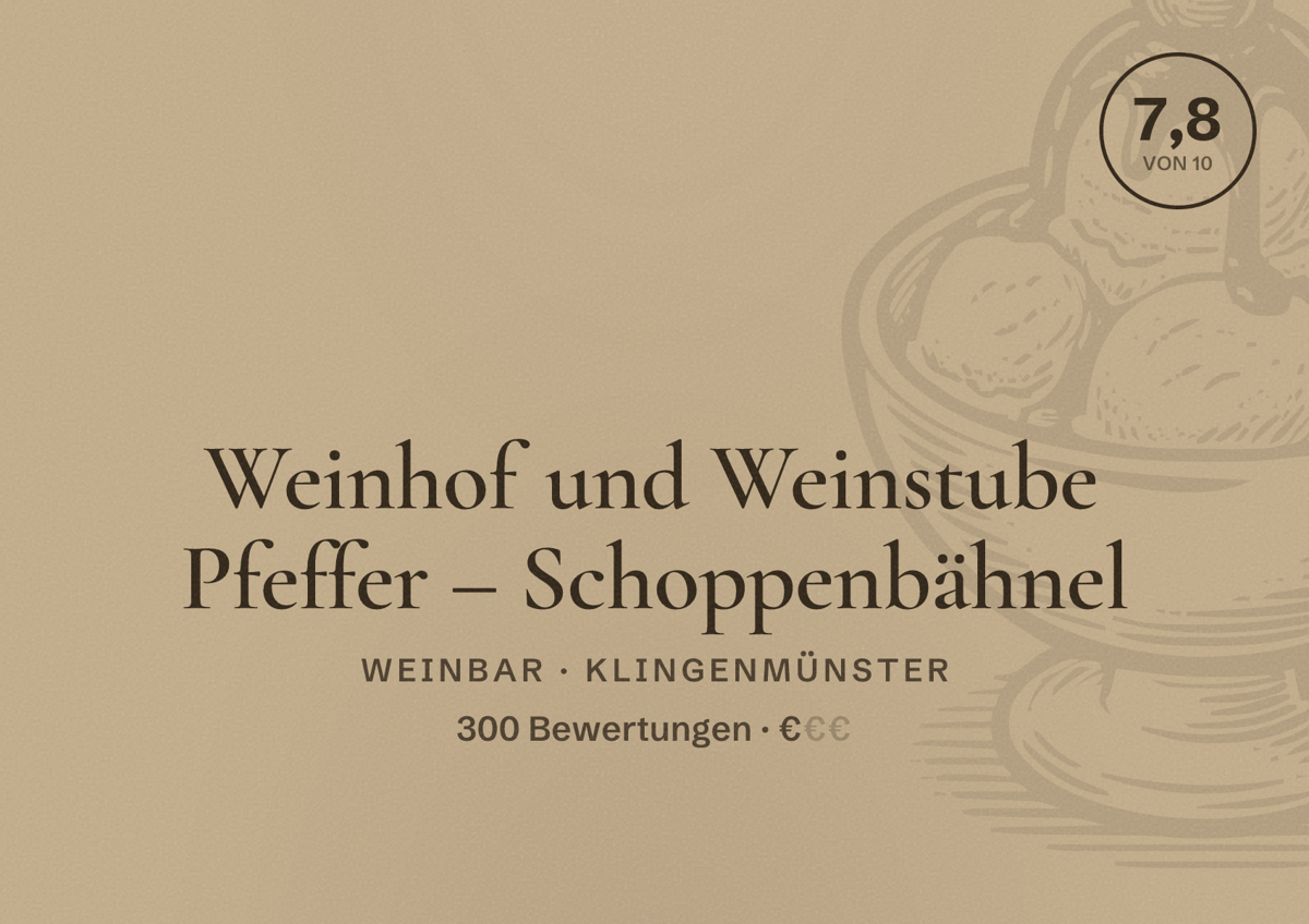 Illustriertes Poster von Weinhof und Weinstube Pfeffer – Schoppenbähnel, Weinbar in Klingenmünster: Bewertung 7,8 von 10 aus 300 Bewertungen, Preisniveau €