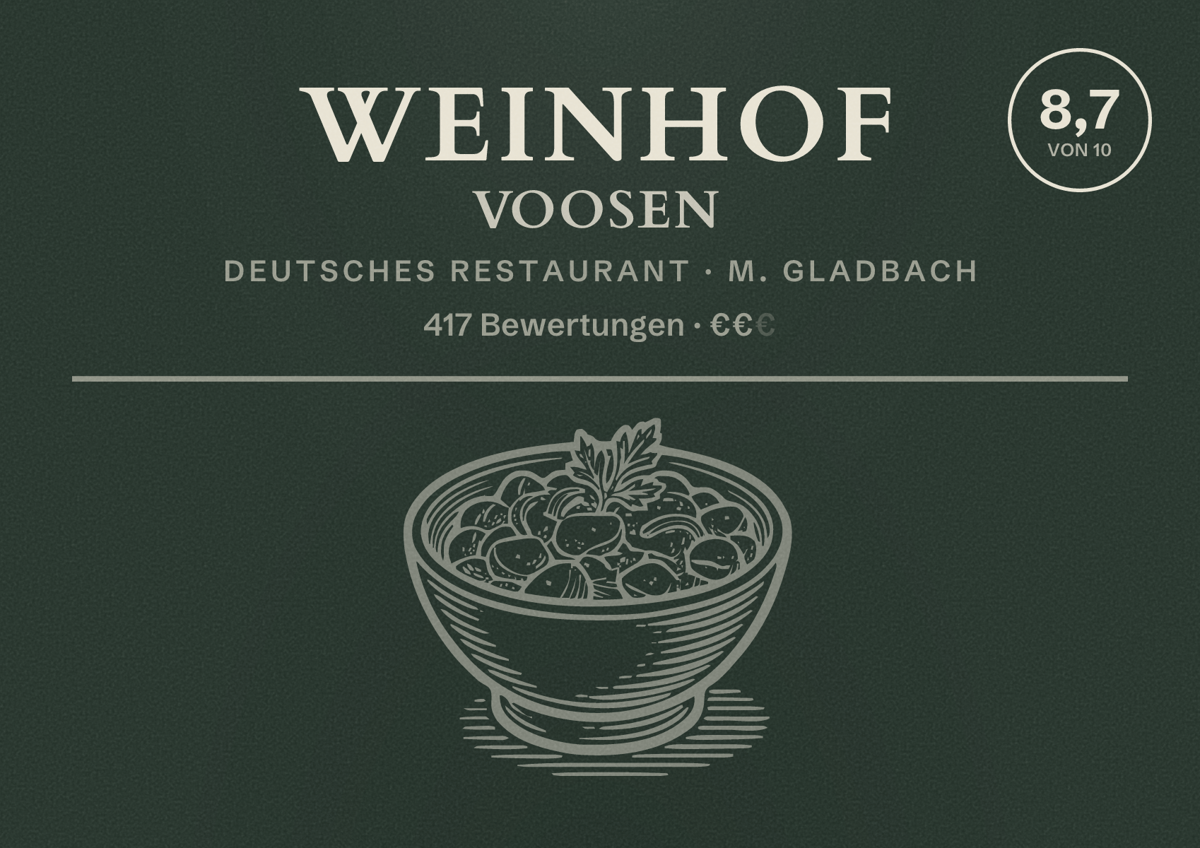 Illustriertes Poster von Weinhof Voosen, Deutsches Restaurant in M. Gladbach: Bewertung 8,7 von 10 aus 417 Bewertungen, Preisniveau €€