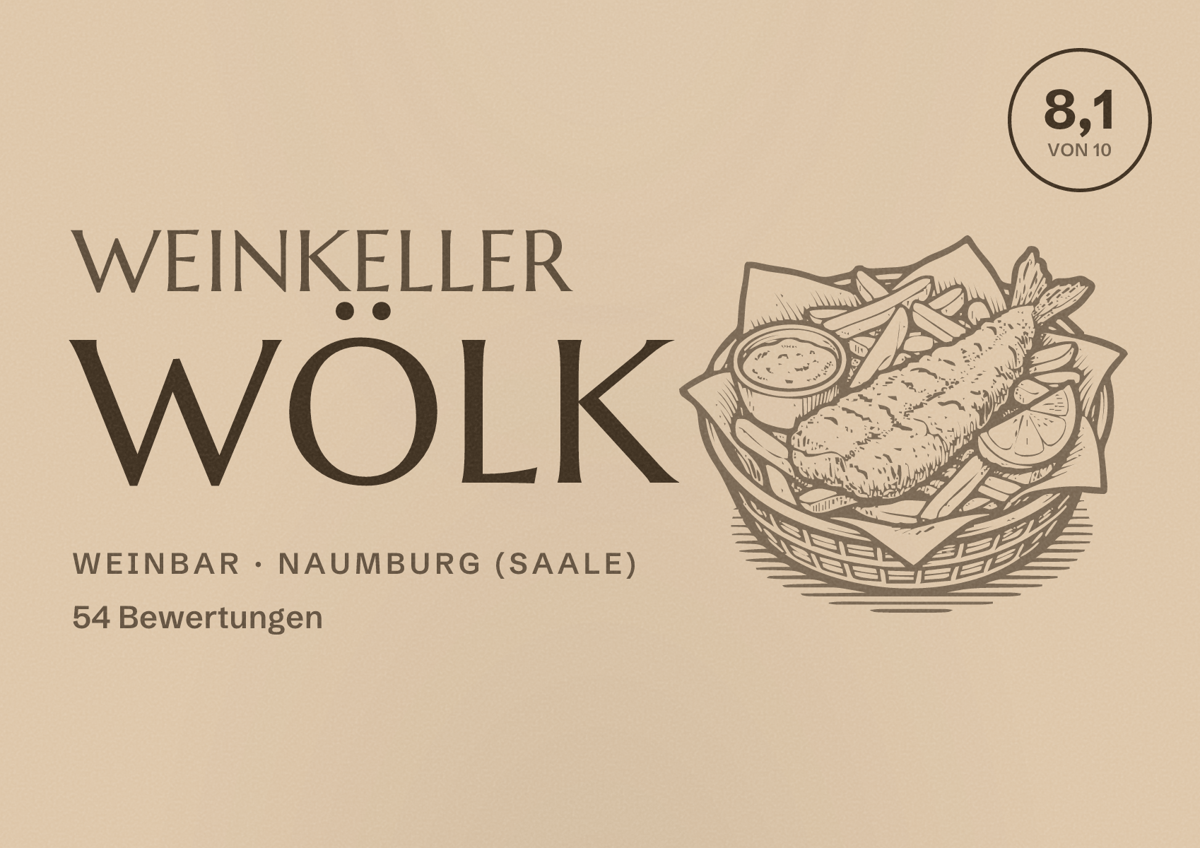 Illustriertes Poster von Weinkeller Wölk, Weinbar in Naumburg (Saale): Bewertung 8,1 von 10 aus 54 Bewertungen