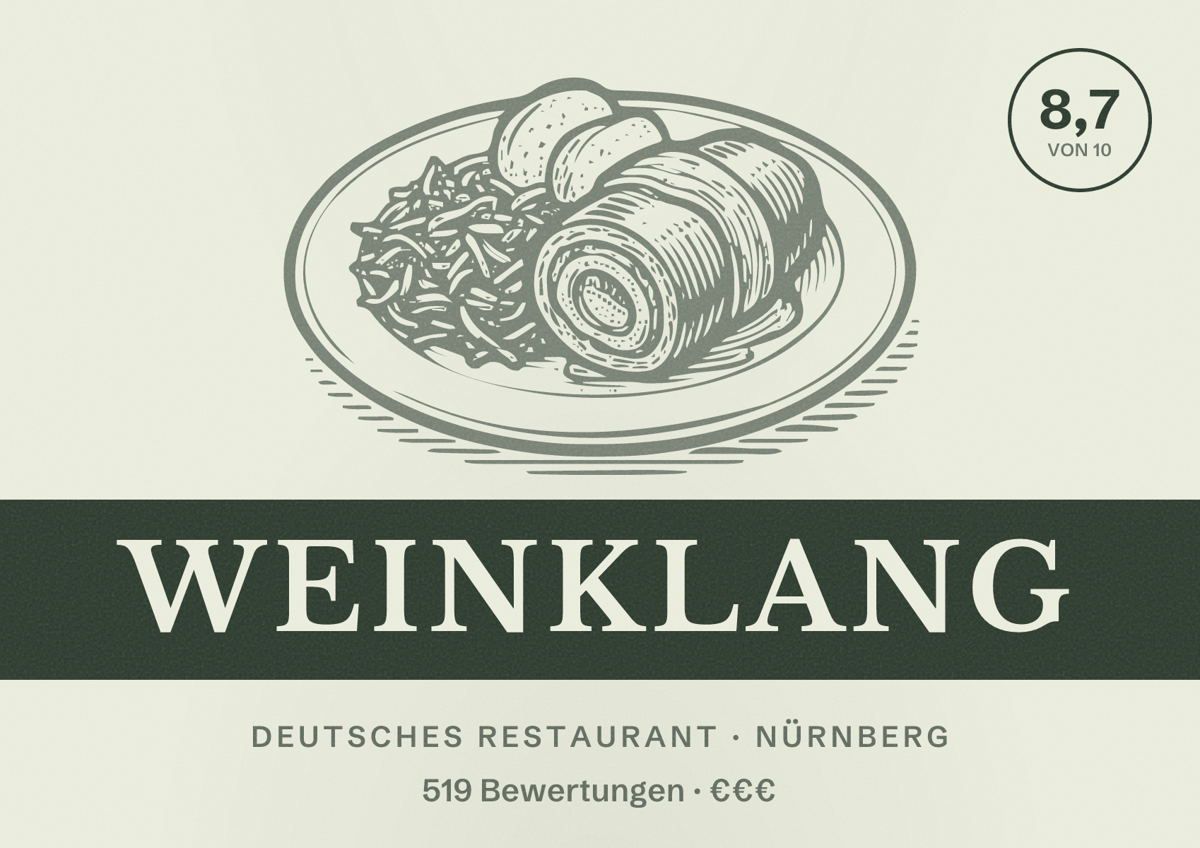 Illustriertes Poster von Weinklang, Deutsches Restaurant in Nürnberg: Bewertung 8,7 von 10 aus 519 Bewertungen, Preisniveau €€€