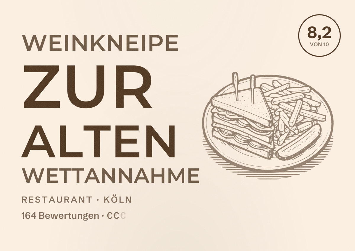 Illustriertes Poster von Weinkneipe Zur alten Wettannahme, Restaurant in Köln: Bewertung 8,2 von 10 aus 164 Bewertungen, Preisniveau €€