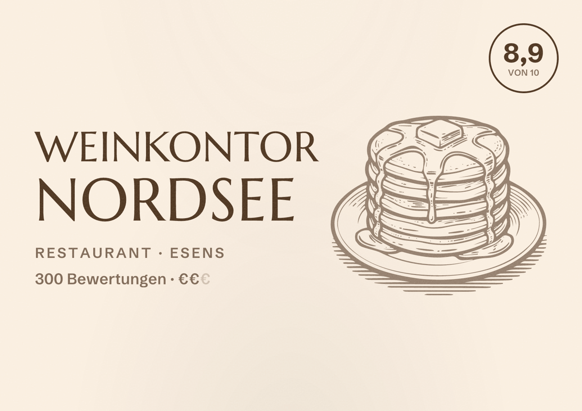 Illustriertes Poster von Weinkontor Nordsee, Restaurant in Esens: Bewertung 8,9 von 10 aus 300 Bewertungen, Preisniveau €€