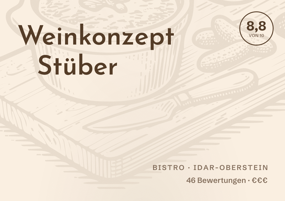 Illustriertes Poster von Weinkonzept Stüber, Bistro in Idar-Oberstein: Bewertung 8,8 von 10 aus 46 Bewertungen, Preisniveau €€€