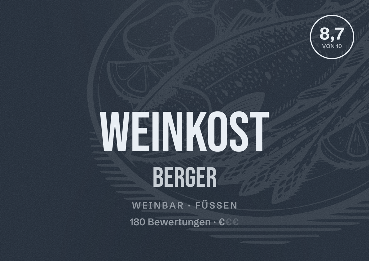 Illustriertes Poster von Weinkost Berger, Weinbar in Füssen: Bewertung 8,7 von 10 aus 180 Bewertungen, Preisniveau €