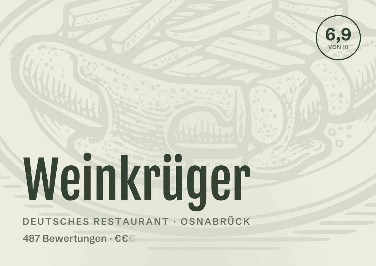 Illustriertes Poster von Weinkrüger, Deutsches Restaurant in Osnabrück: Bewertung 6,9 von 10 aus 487 Bewertungen, Preisniveau €€