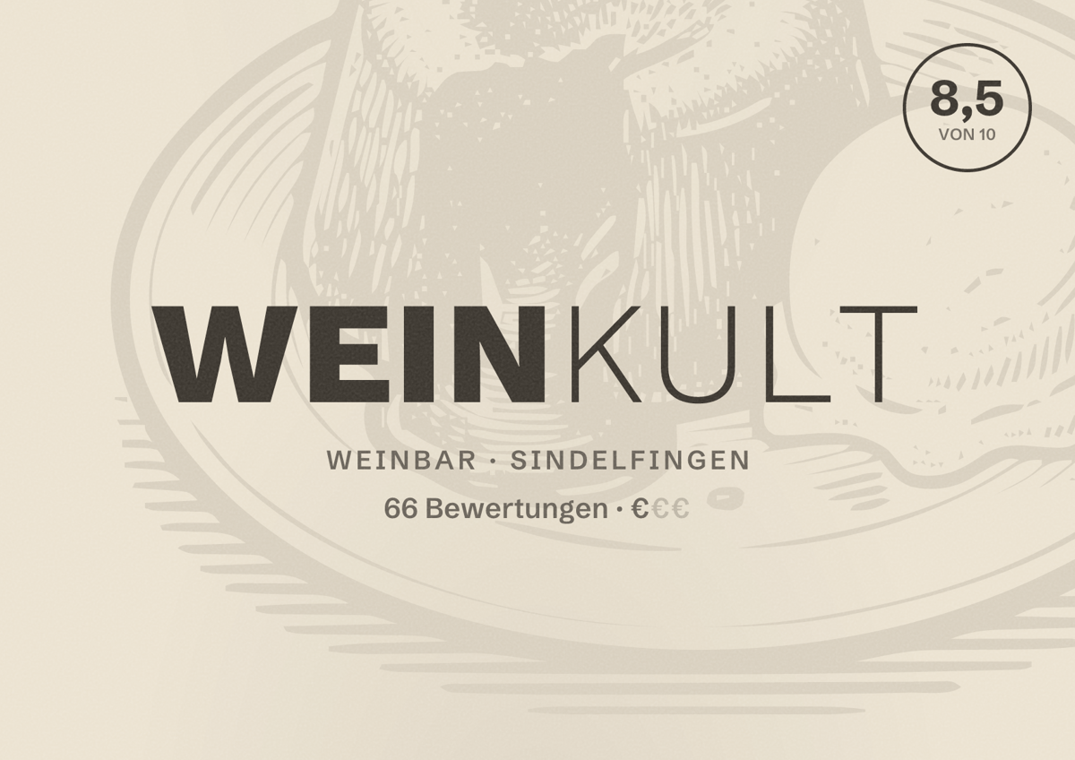 Illustriertes Poster von Weinkult, Weinbar in Sindelfingen: Bewertung 8,5 von 10 aus 66 Bewertungen, Preisniveau €