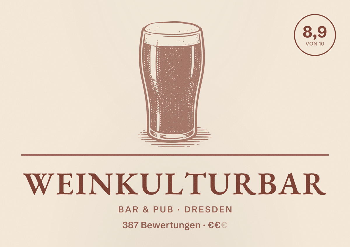 Illustriertes Poster von WEINKULTURBAR, Bar & Pub in Dresden: Gästebewertung 8,9 von 10 aus 387 Bewertungen