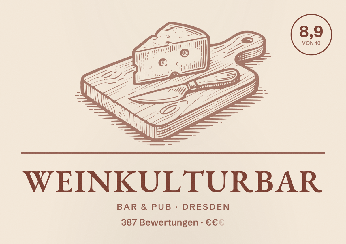 Illustriertes Poster von WEINKULTURBAR, Bar & Pub in Dresden: Bewertung 8,9 von 10 aus 387 Bewertungen, Preisniveau €€