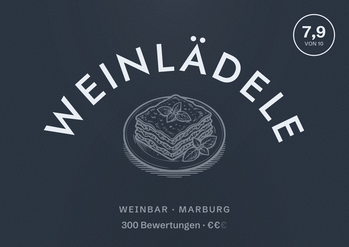 Illustriertes Poster von Weinlädele, Weinbar in Marburg: Bewertung 7,9 von 10 aus 300 Bewertungen, Preisniveau €€