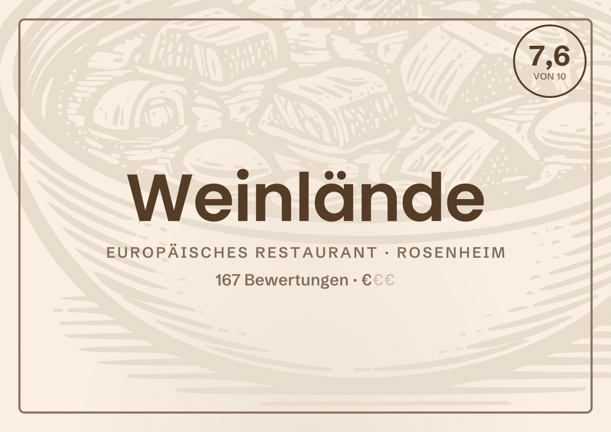Illustriertes Poster von Weinlände, Europäisches Restaurant in Rosenheim: Bewertung 7,6 von 10 aus 167 Bewertungen, Preisniveau €