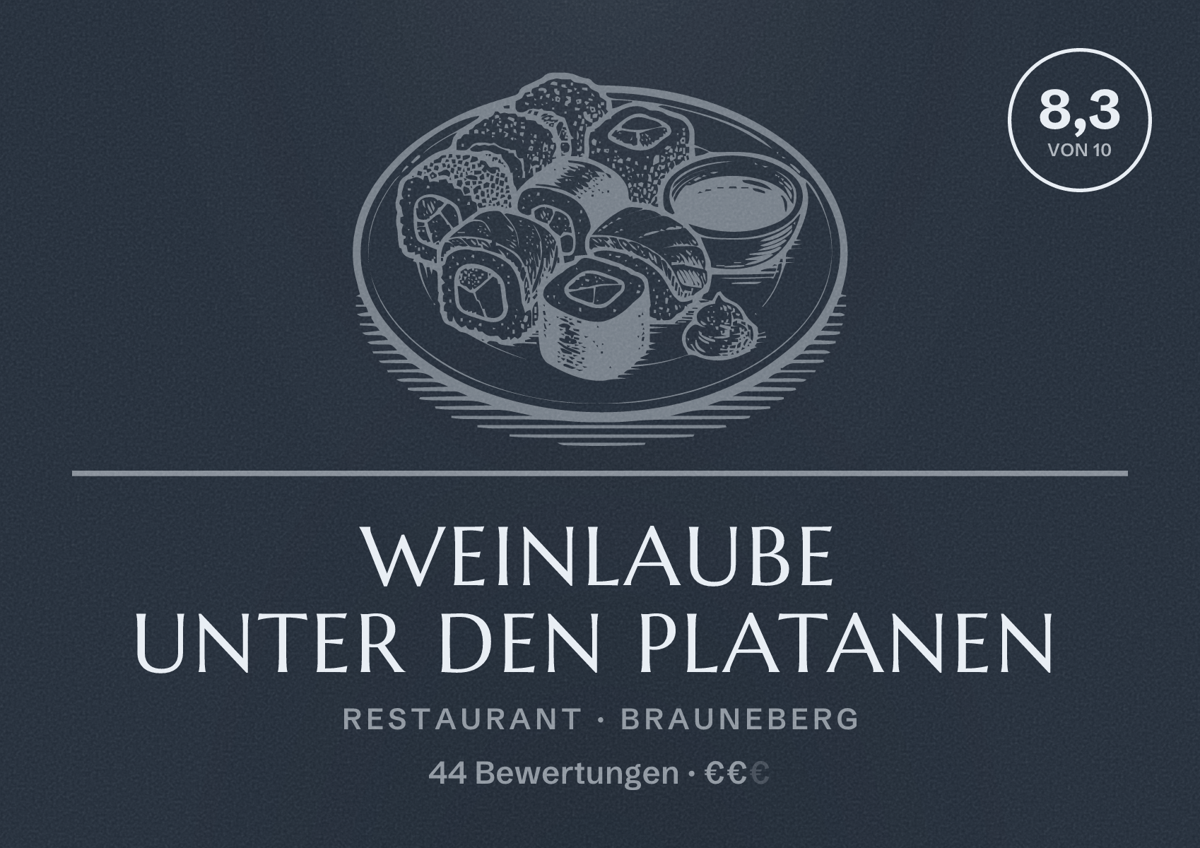 Illustriertes Poster von Weinlaube unter den Platanen, Restaurant in Brauneberg: Bewertung 8,3 von 10 aus 44 Bewertungen, Preisniveau €€