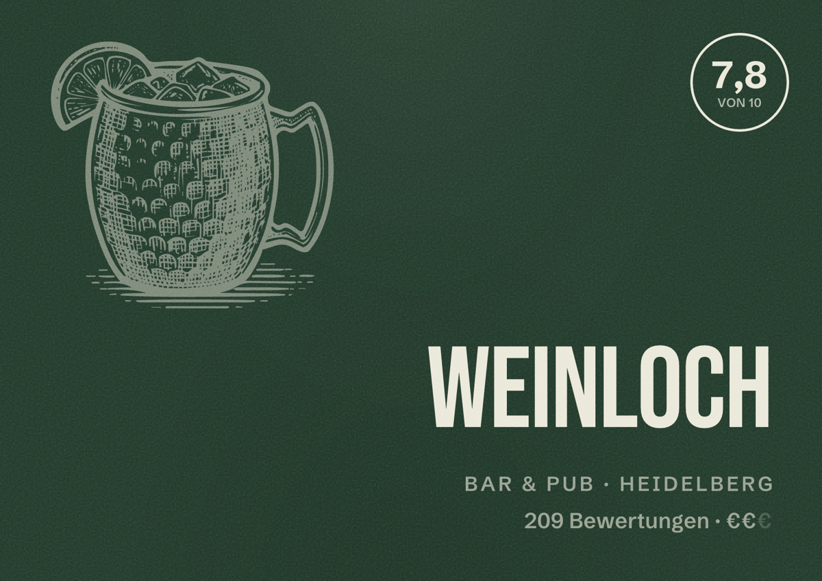Illustriertes Poster von Weinloch, Bar & Pub in Heidelberg: Bewertung 7,8 von 10 aus 209 Bewertungen, Preisniveau €€
