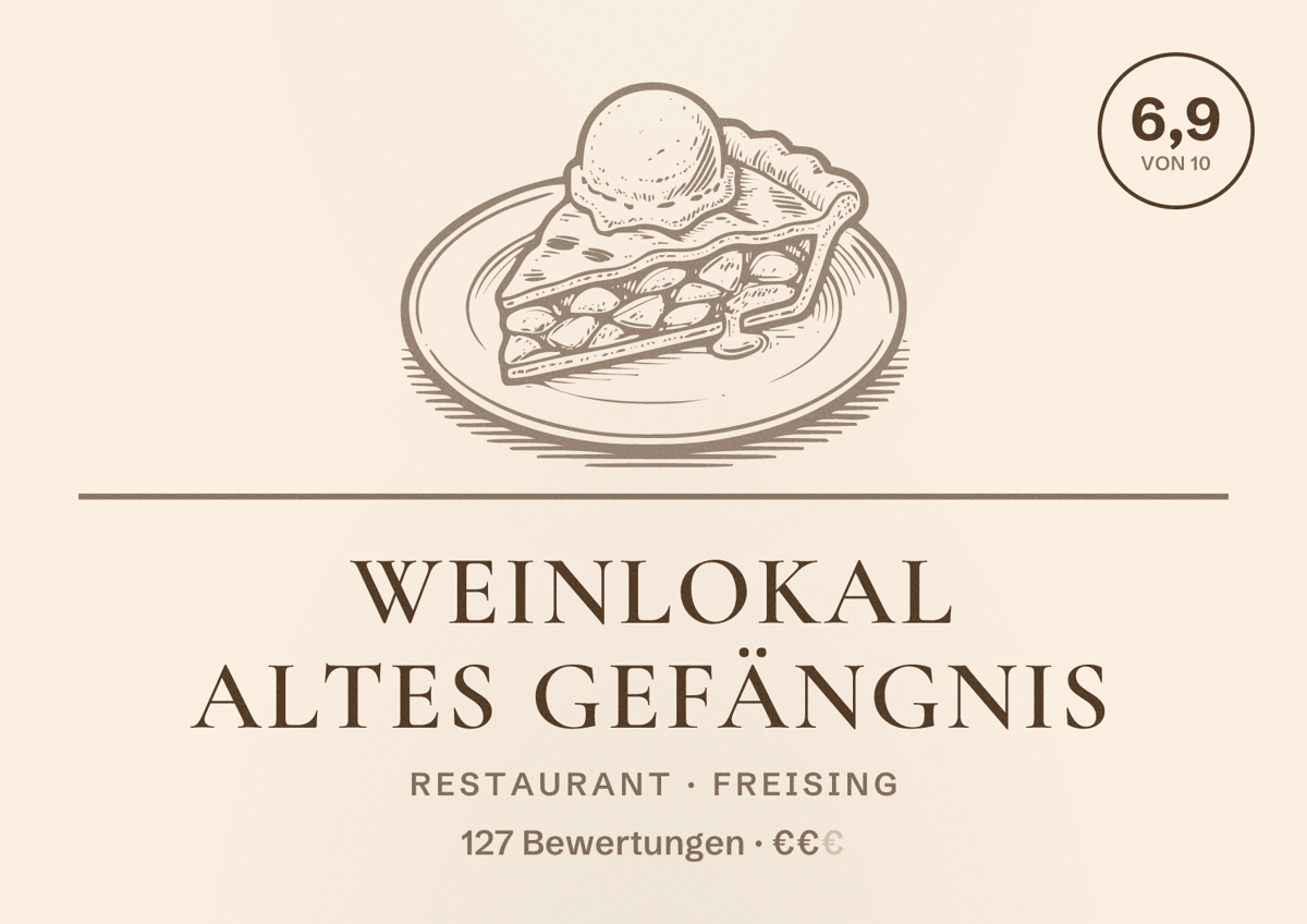 Illustriertes Poster von Weinlokal Altes Gefängnis, Restaurant in Freising: Bewertung 6,9 von 10 aus 127 Bewertungen, Preisniveau €€