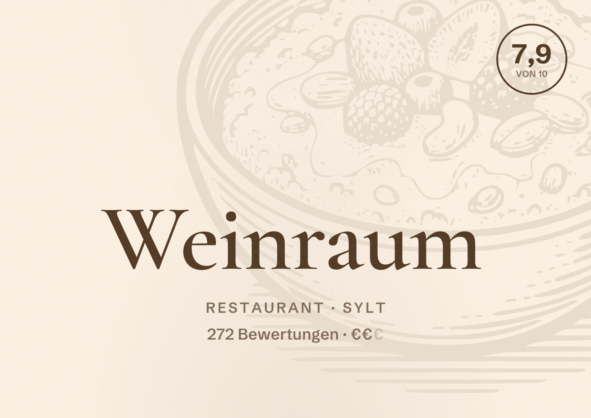 Illustriertes Poster von Weinraum, Restaurant in Sylt: Bewertung 7,9 von 10 aus 272 Bewertungen, Preisniveau €€