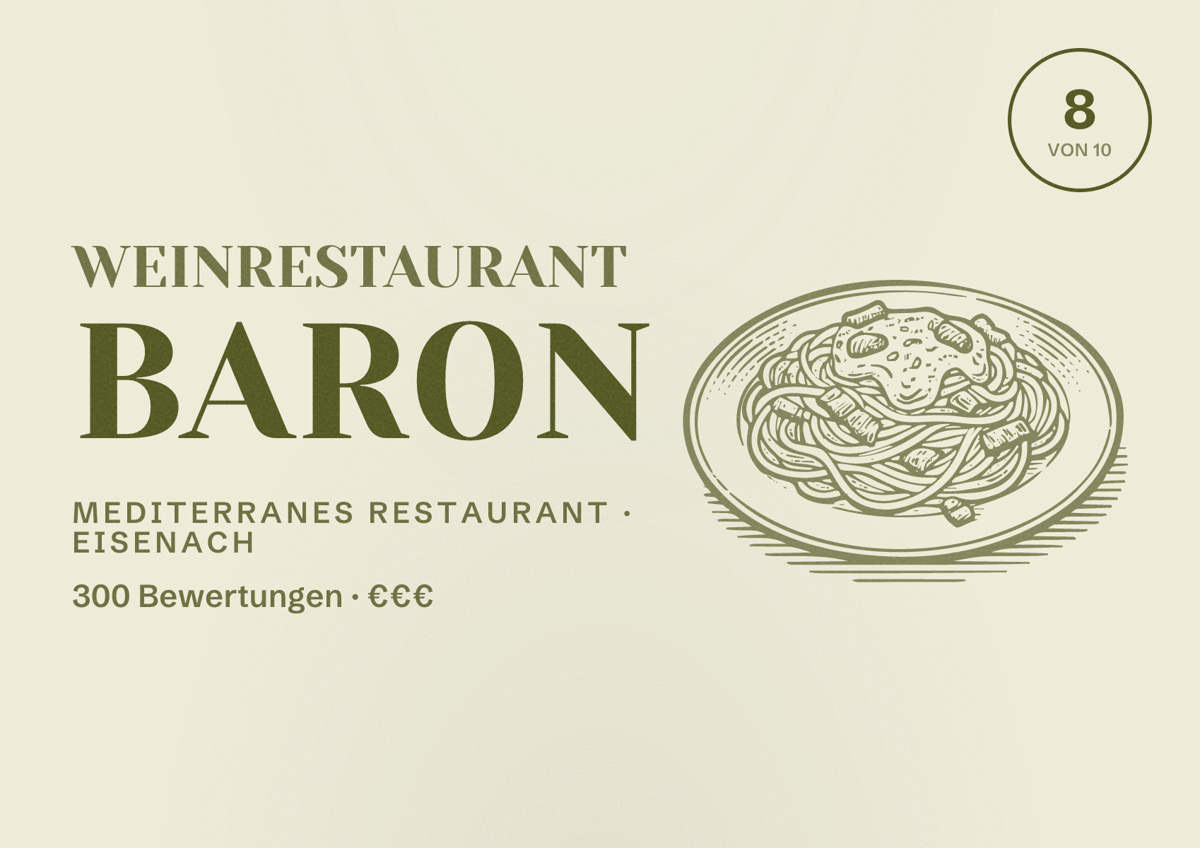 Illustriertes Poster von Weinrestaurant Baron, Mediterranes Restaurant in Eisenach: Bewertung 8 von 10 aus 300 Bewertungen, Preisniveau €€€