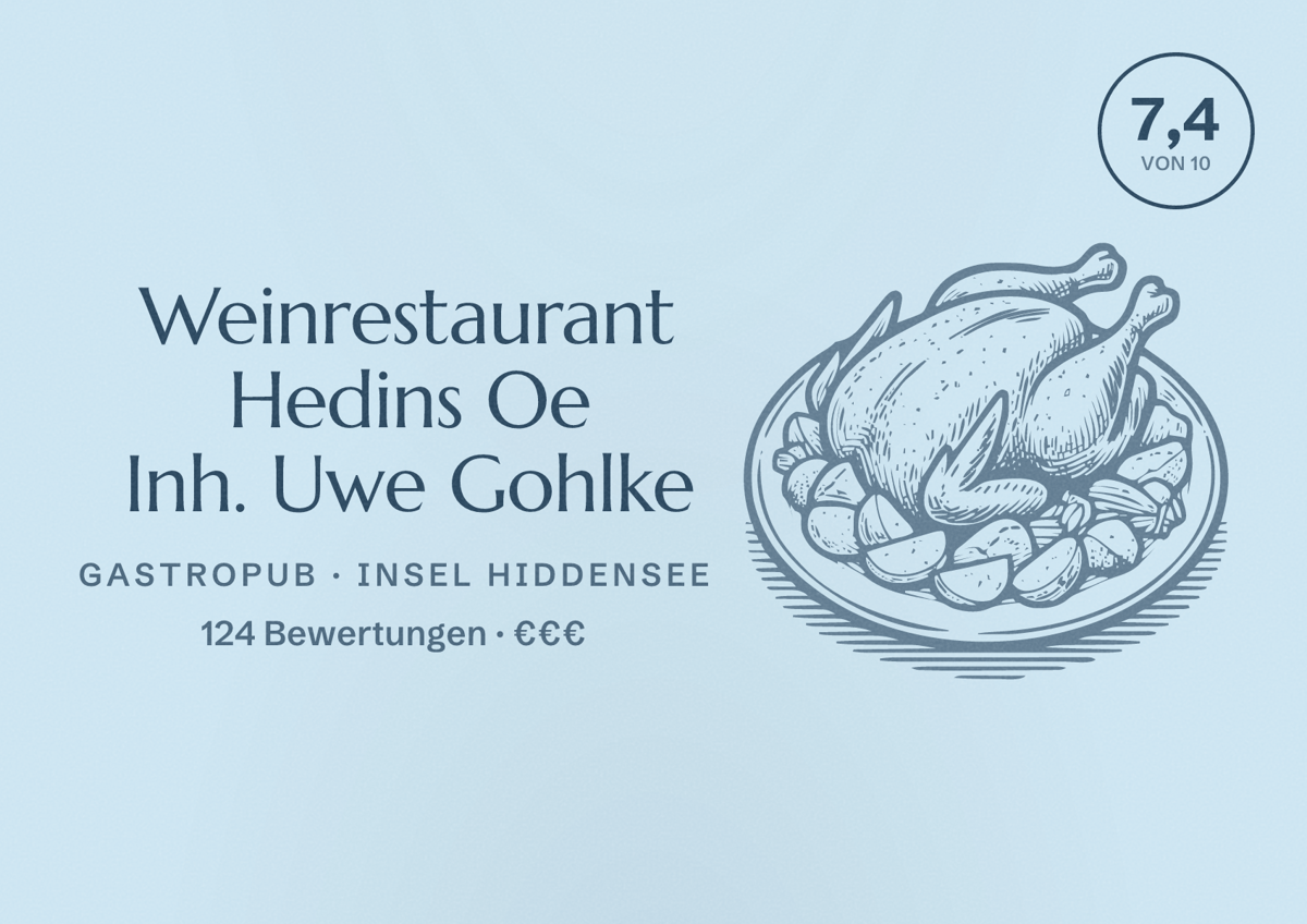Illustriertes Poster von Weinrestaurant Hedins Oe Inh. Uwe Gohlke, Gastropub in Insel Hiddensee: Bewertung 7,4 von 10 aus 124 Bewertungen, Preisniveau €€€