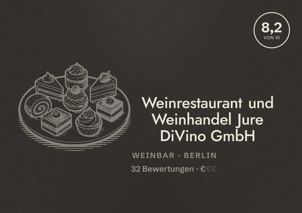 Illustriertes Poster von Weinrestaurant und Weinhandel Jure DiVino GmbH, Weinbar in Berlin: Bewertung 8,2 von 10 aus 32 Bewertungen, Preisniveau €
