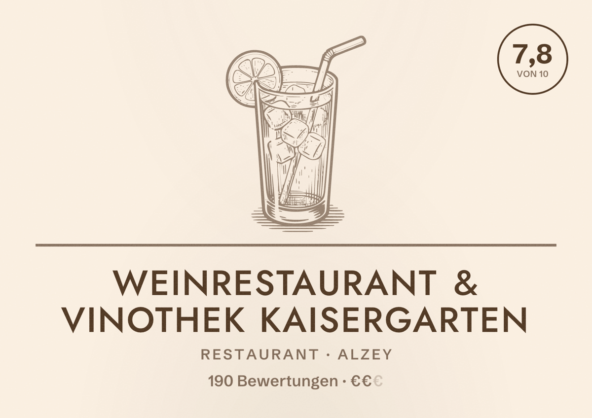 Illustriertes Poster von Weinrestaurant & Vinothek Kaisergarten, Restaurant in Alzey: Bewertung 7,8 von 10 aus 190 Bewertungen, Preisniveau €€