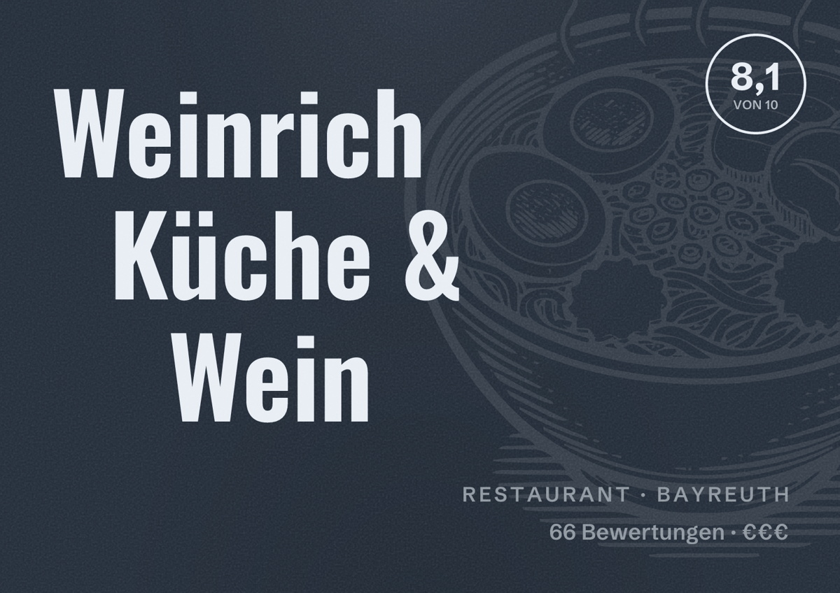 Illustriertes Poster von Weinrich Küche & Wein, Restaurant in Bayreuth: Bewertung 8,1 von 10 aus 66 Bewertungen, Preisniveau €€€