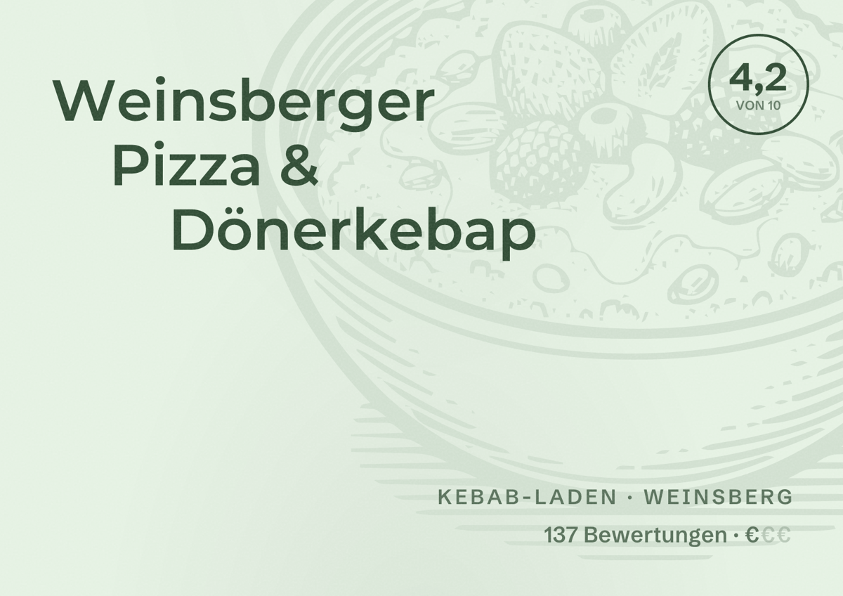 Illustriertes Poster von Weinsberger Pizza & Dönerkebap, Kebab-Laden in Weinsberg: Bewertung 4,2 von 10 aus 137 Bewertungen, Preisniveau €