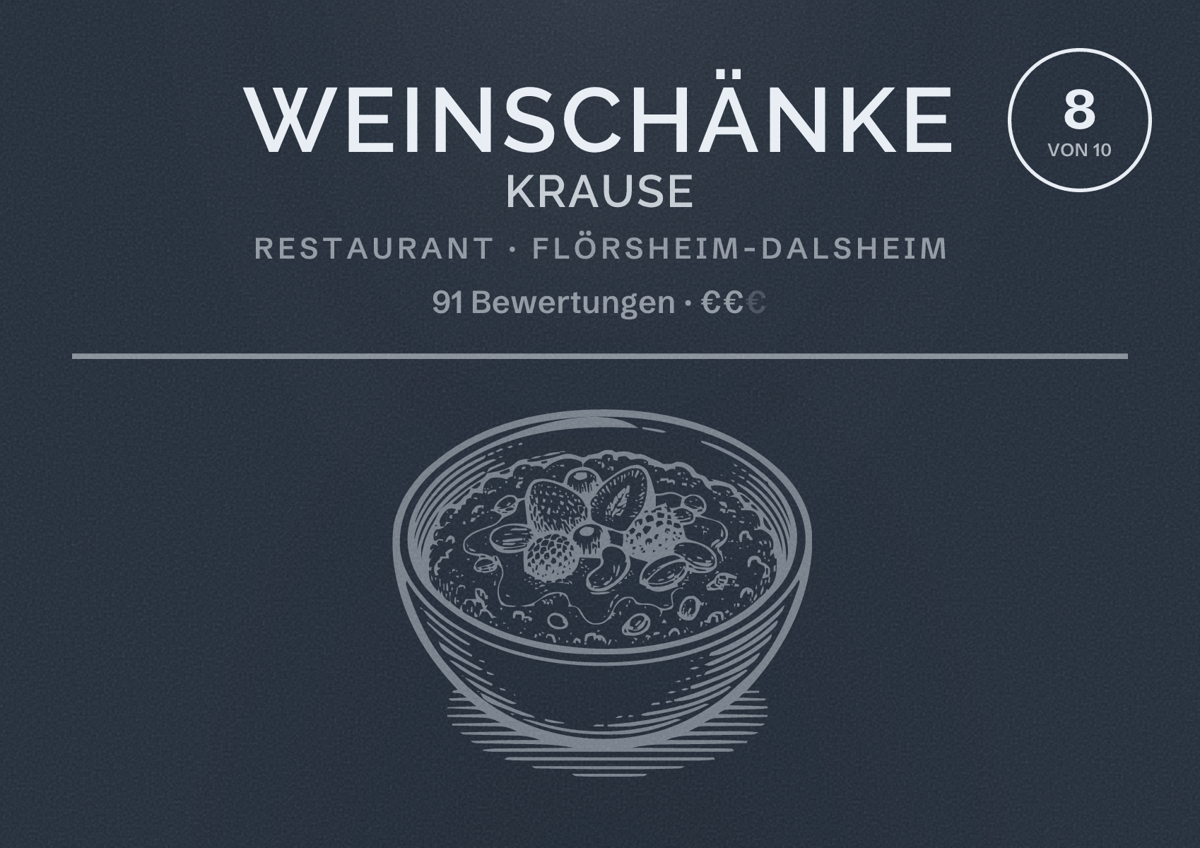 Illustriertes Poster von Weinschänke Krause, Restaurant in Flörsheim-Dalsheim: Bewertung 8 von 10 aus 91 Bewertungen, Preisniveau €€