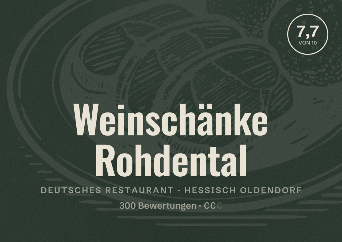 Illustriertes Poster von Weinschänke Rohdental, Deutsches Restaurant in Hessisch Oldendorf: Bewertung 7,7 von 10 aus 300 Bewertungen, Preisniveau €€